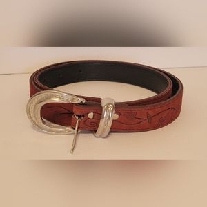 Red Brown Genuine Leather Youth Belt Western Silver Tone Buckle M MADE IN USA